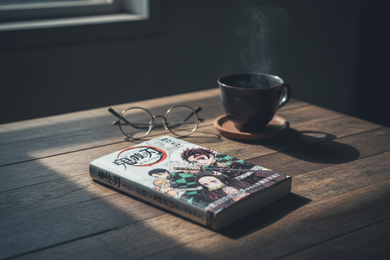 make a demon slayer manga book on a table in japanese but make the overall theme of the setting moody